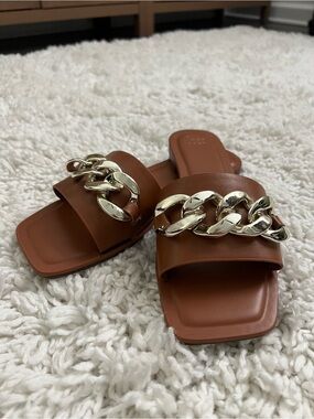 a new day Brown Slide Sandals with Gold Chain Accent
